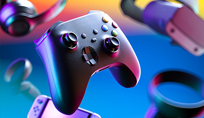 Wireless Joystick, Gaming Gamepad Controller, VR Goggles, Headphones, Video Game Console On Multicolored Gradient Background. 3d rendering