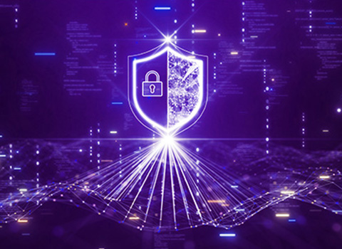 Digital shield with lock on a purple background, beams radiating outward.