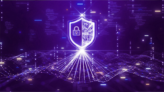 A digital illustration of a purple shield with a padlock symbol, surrounded by abstract lines and code.