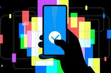 A hand holding a smartphone with a checkmark, against a colorful geometric background.