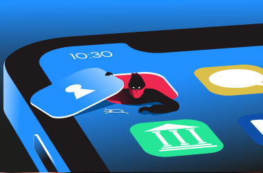 Angled black smartphone with a blue screen displaying colorful app-style icons, including a blue time icon, a red-and-black cartoon figure, and a green icon.