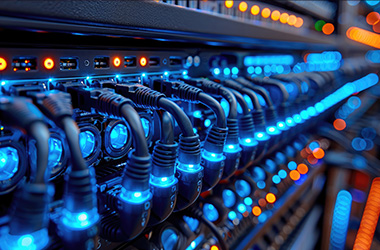 Close-up of a network server panel with interconnected cables and illuminated ports in blue and orange lights.
