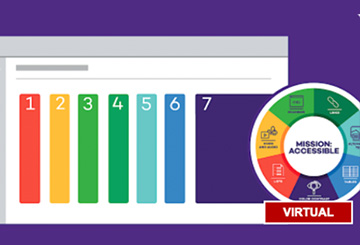A digital graphic with numbered colored bars and a circular "MISSION: ACCESSIBLE" graphic labeled "VIRTUAL."