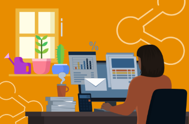 Graphic of person at a desk with flowers in the window sill