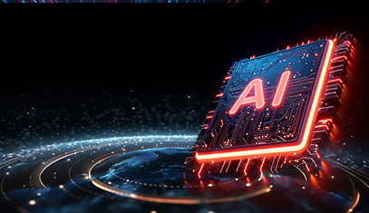 A glowing computer chip labeled "AI" above a digital surface with concentric circles.