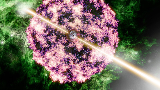 Artist's visualization of GRB 221009A showing the narrow relativistic jets (emerging from a central black hole) that gave rise to the gamma-ray burst and the expanding remains of the original star ejected via the supernova explosion.